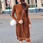 Lace Trim Long-sleeve Midi Knit Dress
