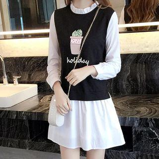 Mock Two-piece Print Long-sleeve Dress