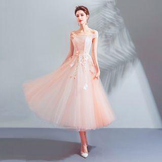 Off-shoulder Short-sleeve Embroidered Midi Prom Dress