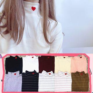 Heart Embroidered Long-sleeve Mock Neck T-shirt