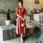 Elbow-sleeve Midi Linen Blend Dress With Sash