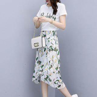 Set: Faux-pearl Detail Short-sleeve T-shirt + Printed A-line Skirt