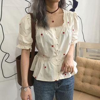 Puff-sleeve Embroidered Top Red Floral - Almond - One Size