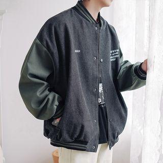 Denim Panel Snap Button Baseball Jacket