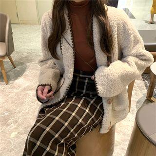 Contrast Trim Shearling Coat / High-waist Plaid Skirt