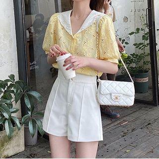 Short-sleeve Floral Embroidered Cutout Blouse