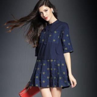 Short-sleeve Paneled Embroidered Dress