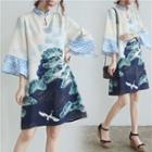 Bell-sleeve Mandarin Collar Print Mini A-line Dress
