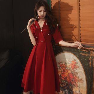 Elbow-sleeve Embellished A-line Cocktail Dress
