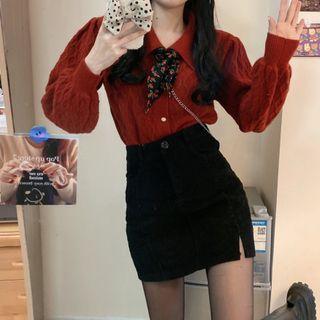 Puff Sleeve Bow Accent Sweater / Mini A-line Skirt / Set