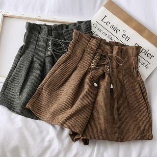 Paperbag-waist Lace-up Wool Shorts