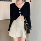 V-neck Cropped Knit Cardigan / Faux Leather Pleated Mini A-line Skirt