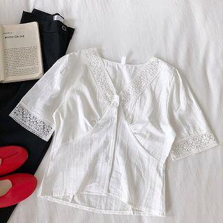 Lace-trim Panel V-neck Slim-fit Blouse White - One Size