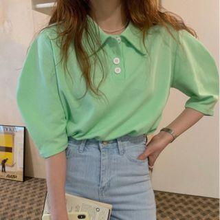 Elbow-sleeve Polo Shirt Green - One Size
