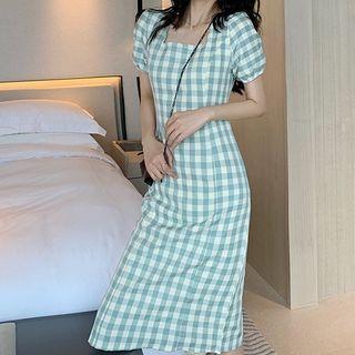 Short Sleeve Square Neck Plaid Dress
