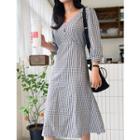 V-neck Tie-waist Check Dress