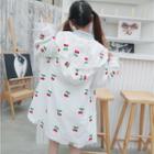 Cherry Print Buttoned Hooded Coat White - One Size