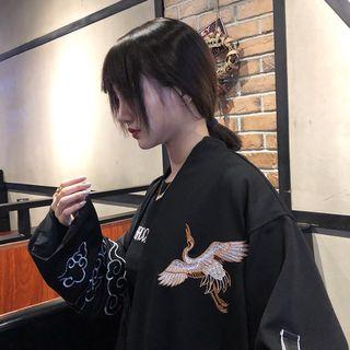 Crane Embroidered Open-front Jacket Black - One Size