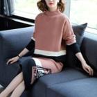 Set: Mock-neck Color Block Sweater + Side Slit Straight-fit Knit Skirt