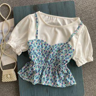 Mock Two-piece Floral Print Short-sleeve Blouse