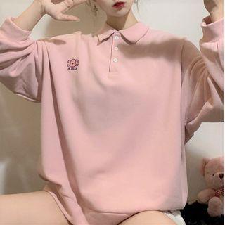 Loose-fit Long-sleeve Plain Polo Shirt