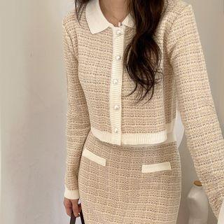 Collared Contrast-trim Tweed Cardigan