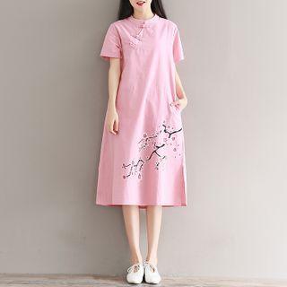 Short-sleeve Mandarin Collar Printed Midi A-line Dress