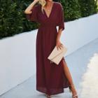 3/4-sleeve Plunge-neck Slit Maxi A-line Dress