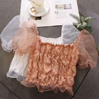 Puff-sleeve Shirred Mesh Blouse