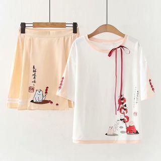 Short-sleeve Ribbon Cartoon Print T-shirt / Pleated Mini A-line Skirt