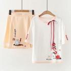 Short-sleeve Ribbon Cartoon Print T-shirt / Pleated Mini A-line Skirt