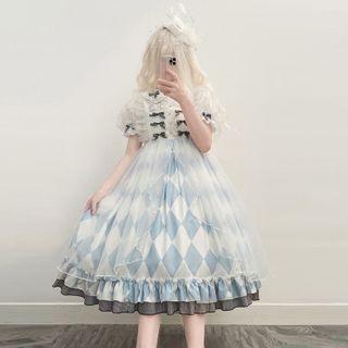 Set: Puff-sleeve Collared Top + Argyle A-line Dress + Mesh Overlay