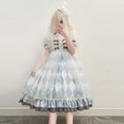 Set: Puff-sleeve Collared Top + Argyle A-line Dress + Mesh Overlay