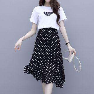 Set: Heart Print Short-sleeve T-shirt + Dotted A-line Skirt