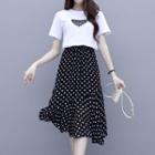 Set: Heart Print Short-sleeve T-shirt + Dotted A-line Skirt