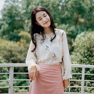 Printed Long-sleeve Blouse Almond - One Size