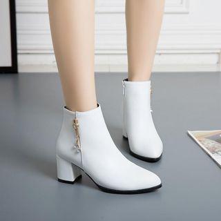 Faux Leather Rhinestone Accent Block Heel Ankle Boots