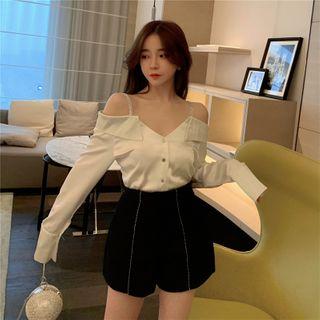 Long-sleeve Cold-shoulder Shirt / Wide-leg Shorts