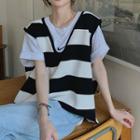 V-neck Striped Sweater Vest Vest - Stripe - Black & White - One Size