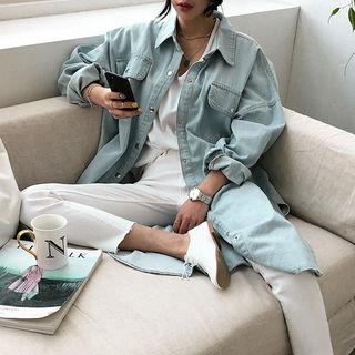 Dual-pocket Slit-side Denim Long Shirt