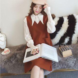 Set: Puff-sleeve Shirt + V-neck Pinafore Dress