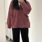Long-sleeve Plain Knit Cardigan Mauve - One Size