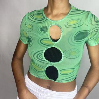 Short Sleeve Pattern Print Cut-out Mesh Crop Top