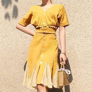 Set: Short-sleeve Cropped Blouse + Godet Skirt