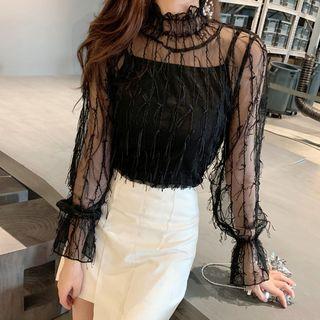 Long-sleeve Fringe Mesh Top
