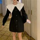 Long-sleeve Contrast Collar Button-up Mini A-line Dress