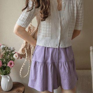 Collared Pointelle-knit Crop Cardigan