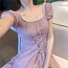 Lace-up Short-sleeve Slim-fit Dress Mauve Pink - One Size