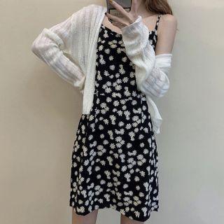 Plain Cardigan / Flower Print Spaghetti Strap Shift Dress