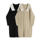 Collared Cable Knit Midi Sheath Sweater Dress